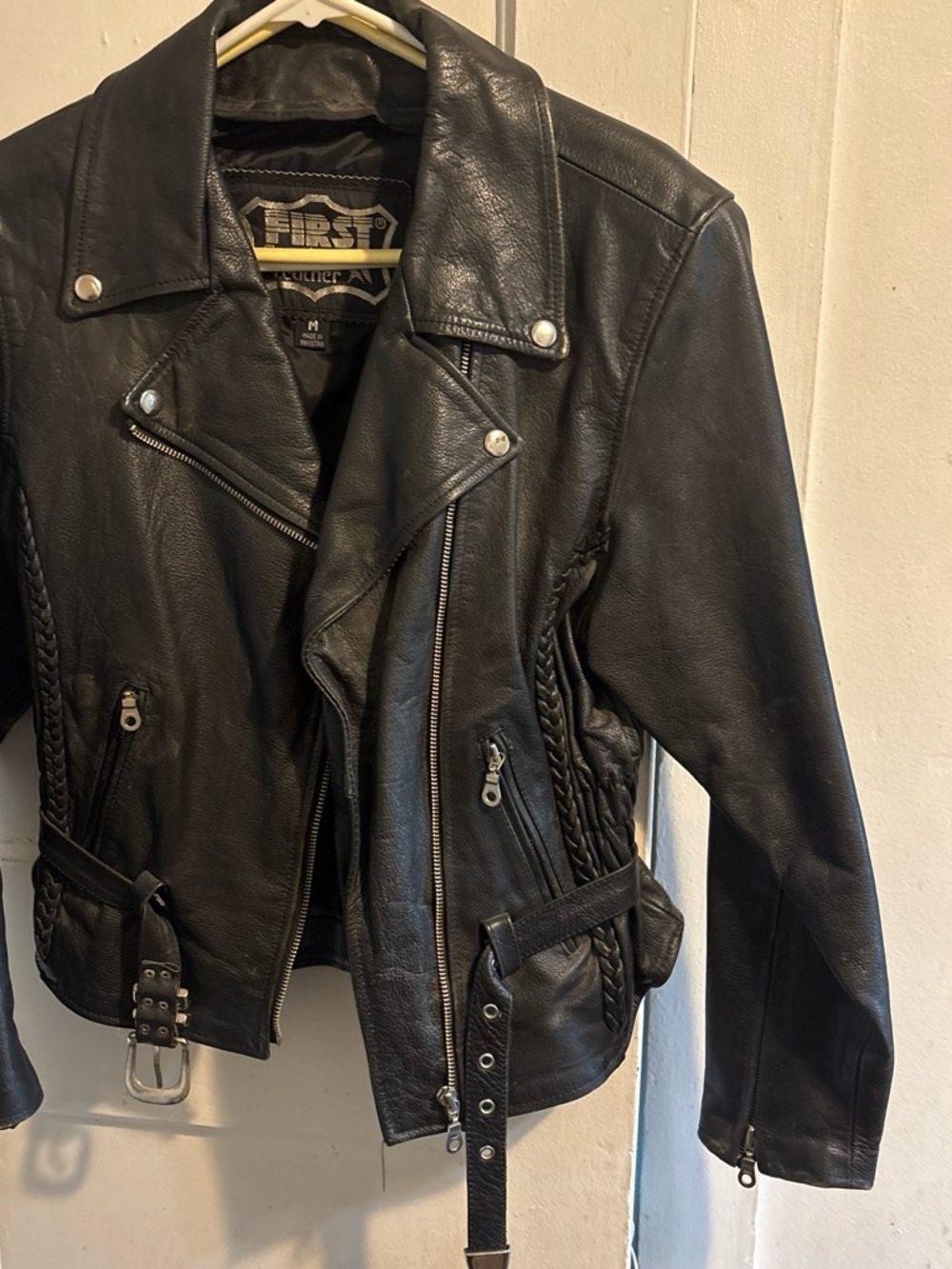 FIRST Black Leather Biker Jacket with Braided Side Panels